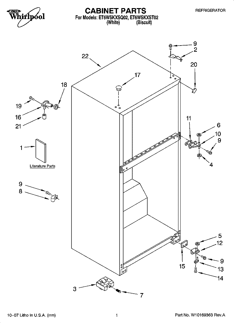 CABINET PARTS Diagram and Parts List for ET6WSKXST02  Whirlpool Refrigerator