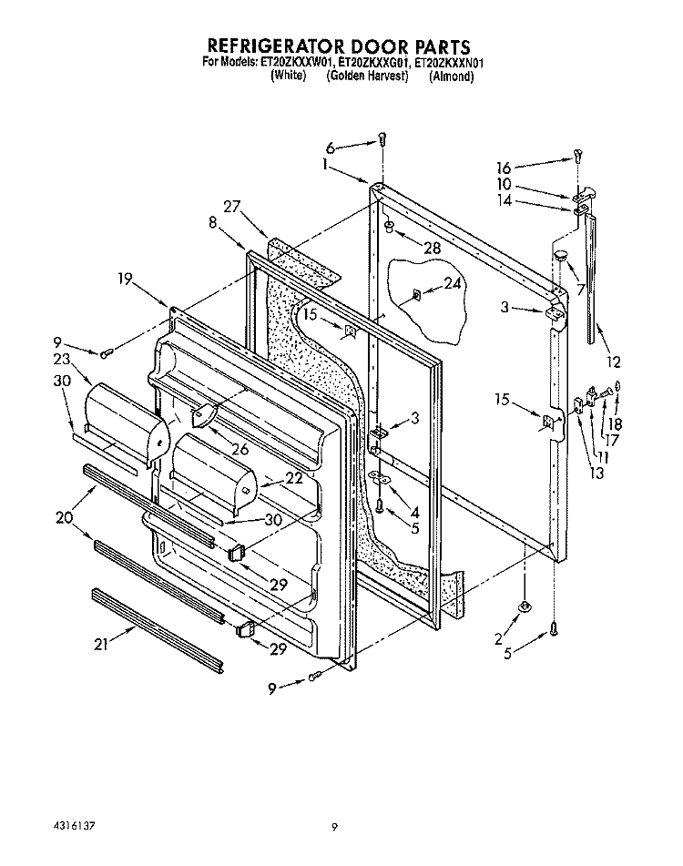 REFRIGERATOR DOOR, LIT/OPTIONAL Diagram and Parts List for ET20ZKXXW01  Whirlpool Refrigerator