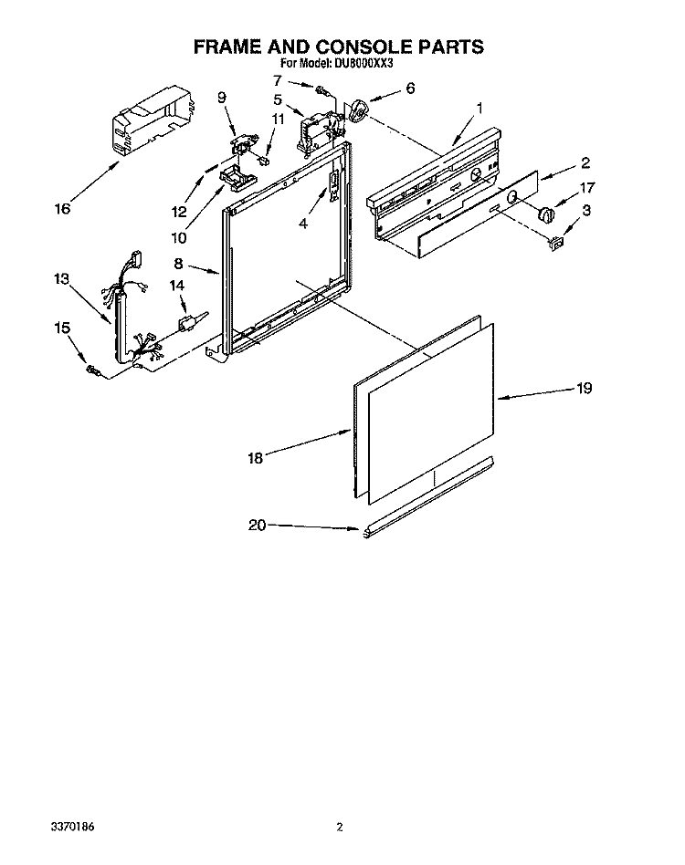 FRAME AND CONSOLE Diagram and Parts List for DU8000XX3  Whirlpool Dishwasher