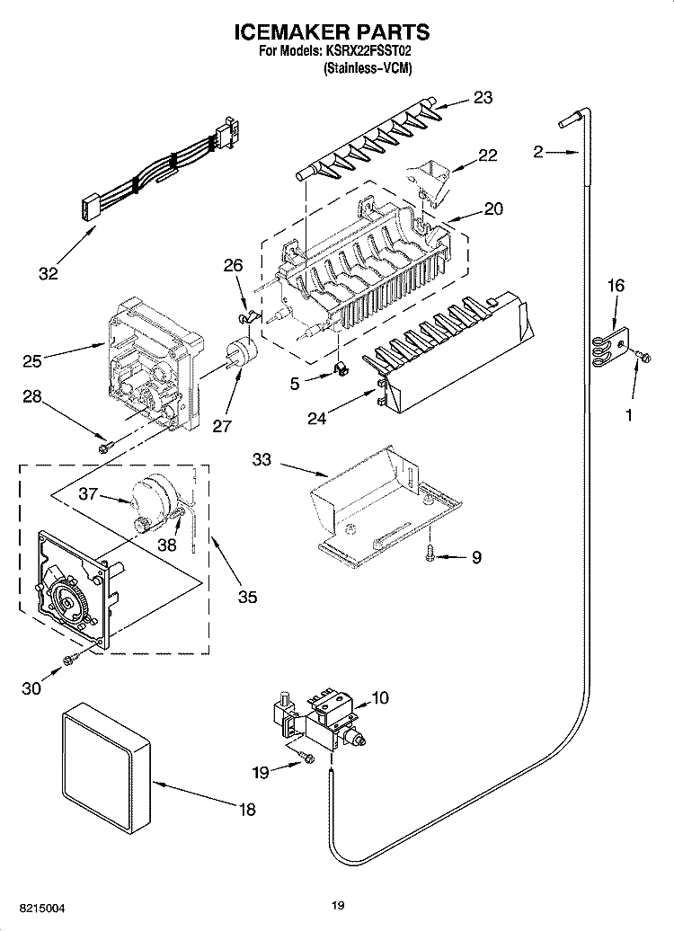 ICEMAKER PARTS Diagram and Parts List for KSRX22FSST02  KitchenAid Refrigerator