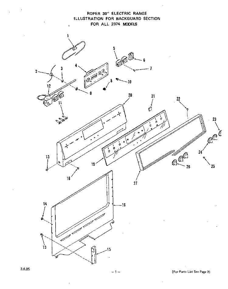 BACKGUARD Diagram and Parts List for 2374W1A  Roper Range