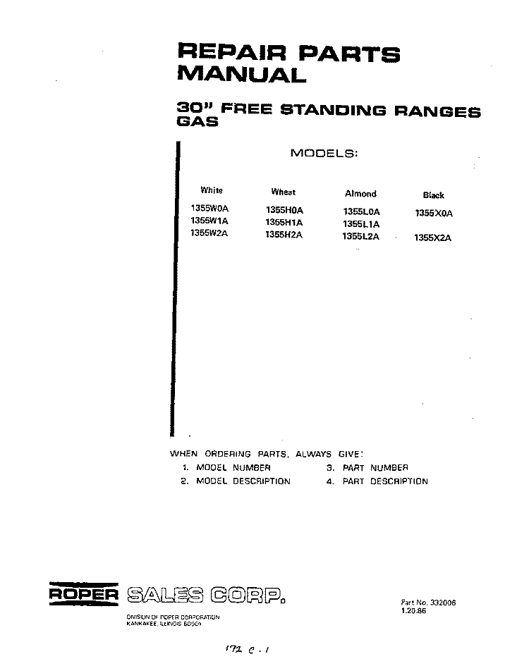 BACKGUARD Diagram and Parts List for 1355W0A  Roper Range