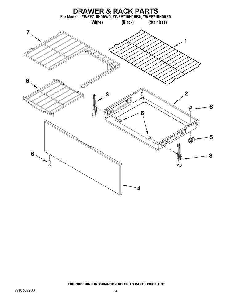 DRAWER & RACK PARTS Diagram and Parts List for YWFE710H0AW0  Whirlpool Range