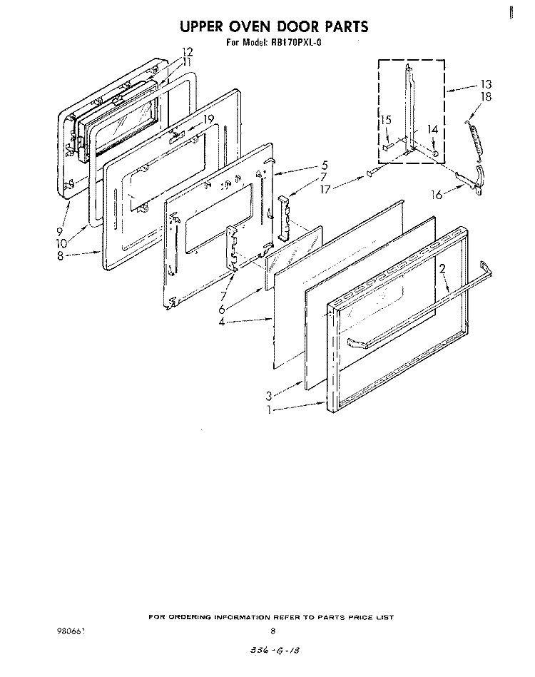 UPPER OVEN DOOR Diagram and Parts List for RB170PXL0  Whirlpool Wall Oven