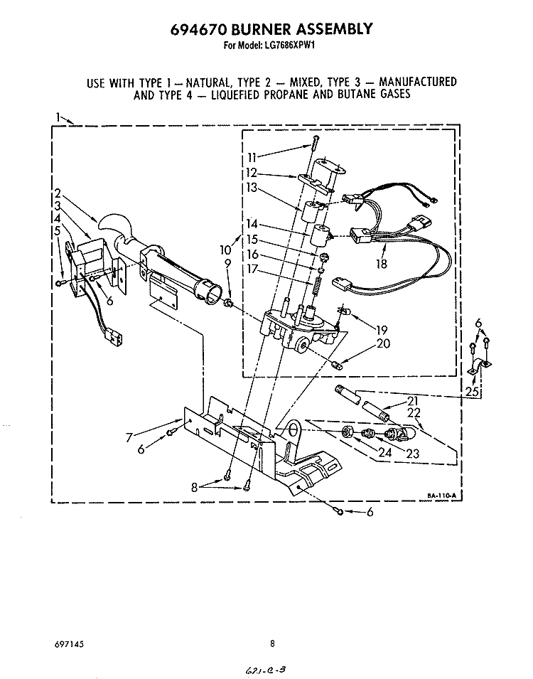 694670 BURNER Diagram and Parts List for LG7686XPW1  Whirlpool Dryer