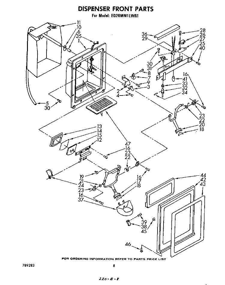 DISPENSER FRONT Diagram and Parts List for ED26MM1LWR1  Whirlpool Refrigerator
