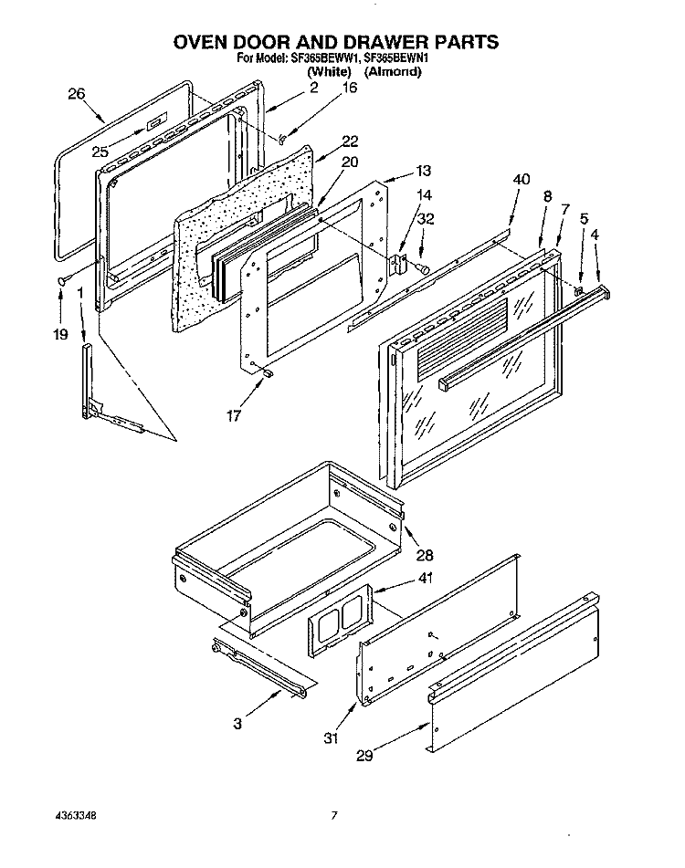 OVEN DOOR AND DRAWER Diagram and Parts List for SF365BEWN1  Whirlpool Range