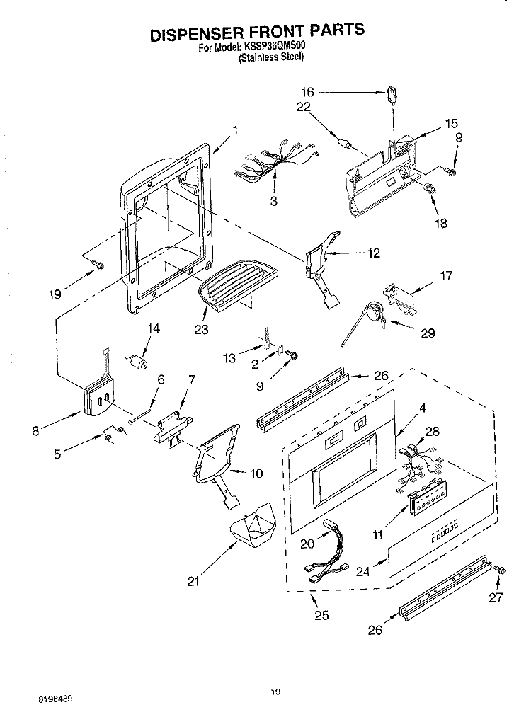 DISPENSER AND FRONT PARTS Diagram and Parts List for KSSP36QMS00  KitchenAid Refrigerator