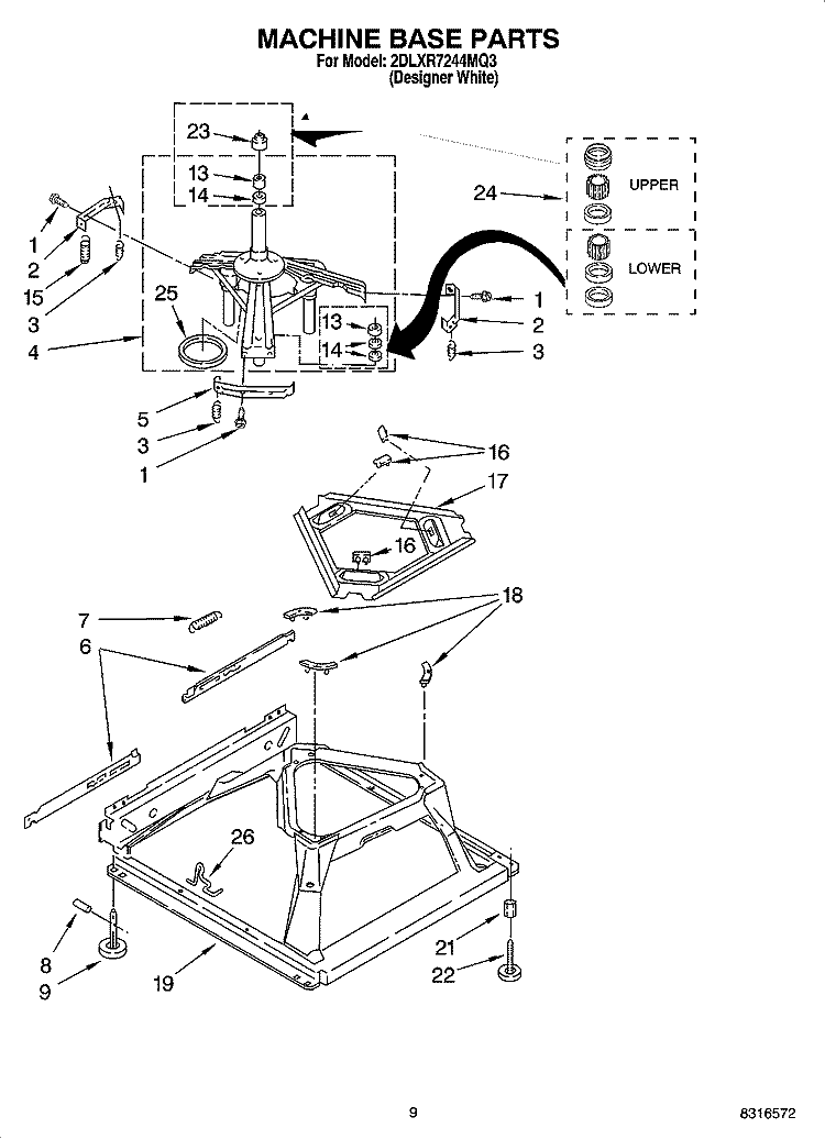 MACHINE BASE PARTS Diagram and Parts List for 2DLXR7244MQ3  Whirlpool Washer