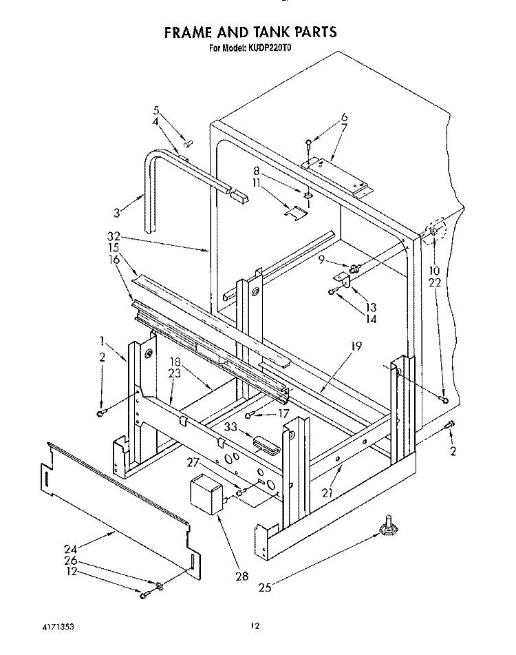 FRAME AND TANK Diagram and Parts List for KUDP220T0  KitchenAid Dishwasher