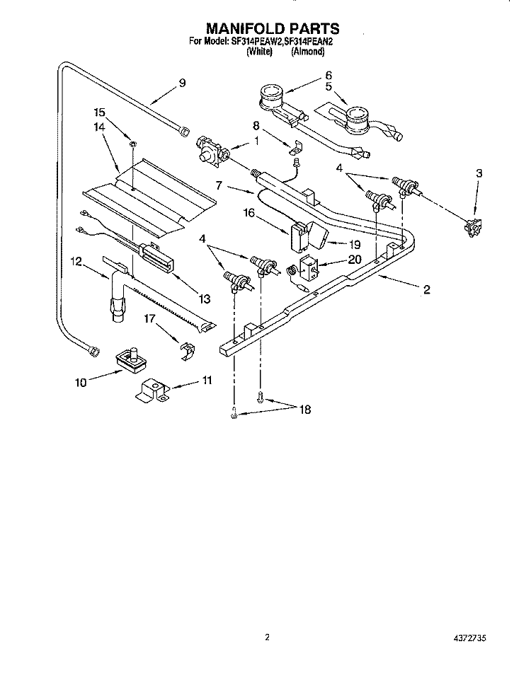 MANIFOLD Diagram and Parts List for SF314PEAW2  Whirlpool Range