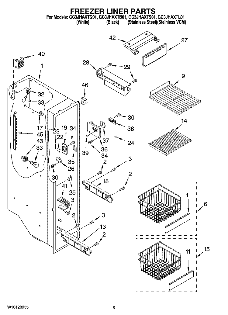 FREEZER LINER PARTS Diagram and Parts List for GC3JHAXTB01  Whirlpool Refrigerator