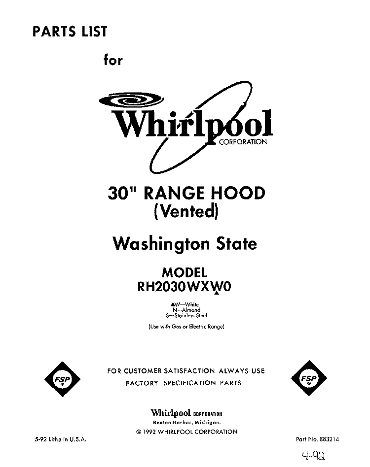 SECTION Diagram and Parts List for RH2030WXN0  Whirlpool Range Hood