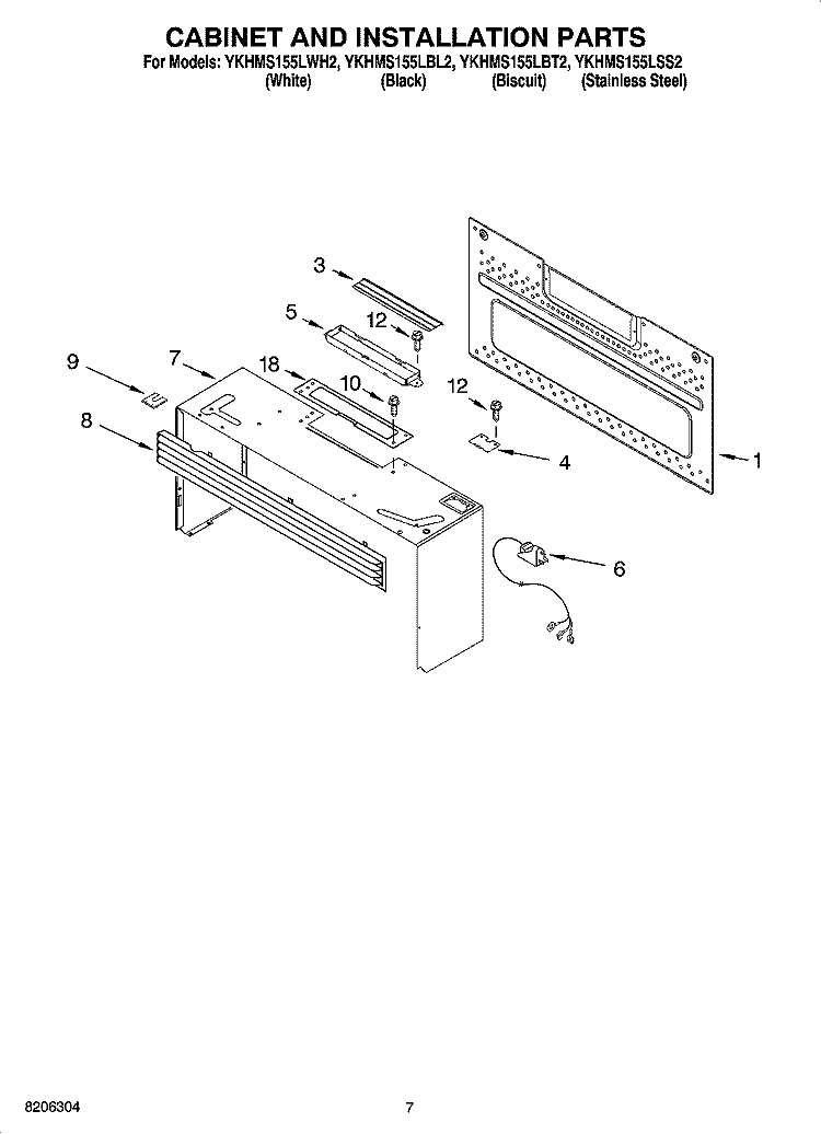 CABINET AND INSTALLATION PARTS Diagram and Parts List for YKHMS155LBL2  KitchenAid Microwave