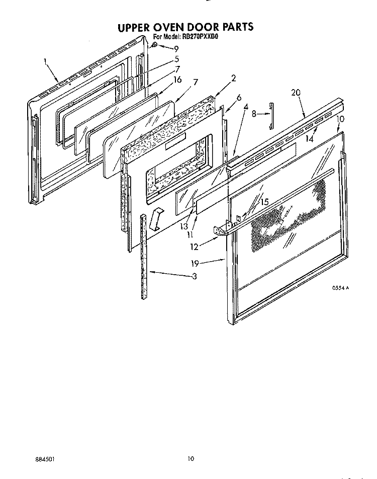 UPPER OVEN DOOR Diagram and Parts List for RB270PXXW0  Whirlpool Wall Oven