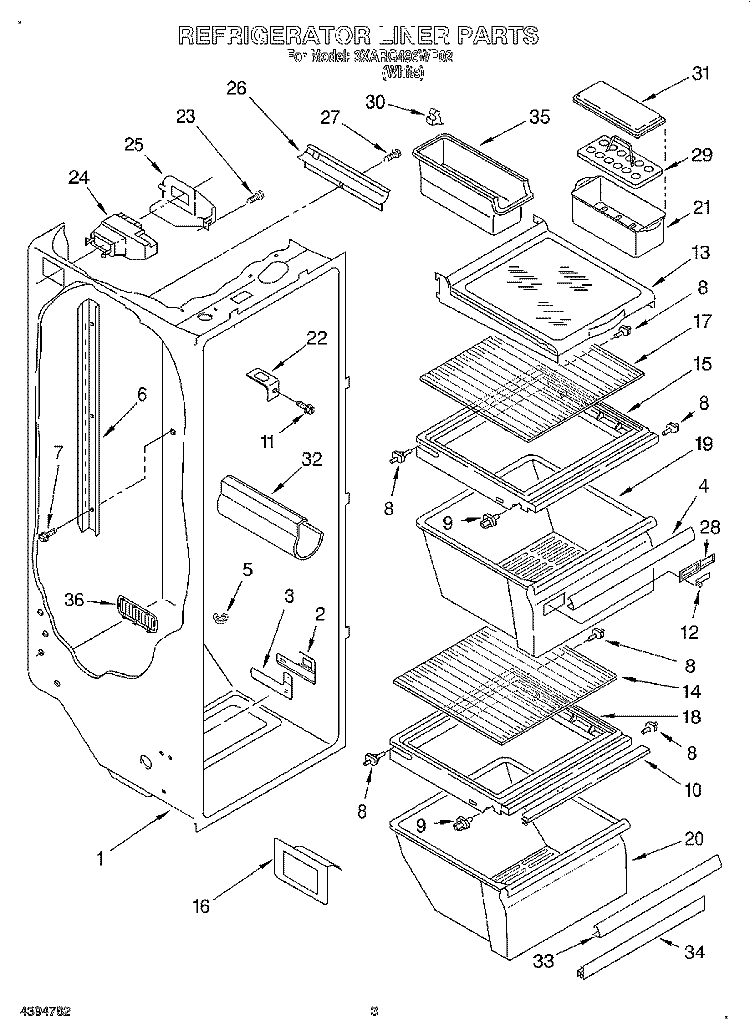 REFRIGERATOR LINER Diagram and Parts List for 3XARG496WP02  Whirlpool Refrigerator
