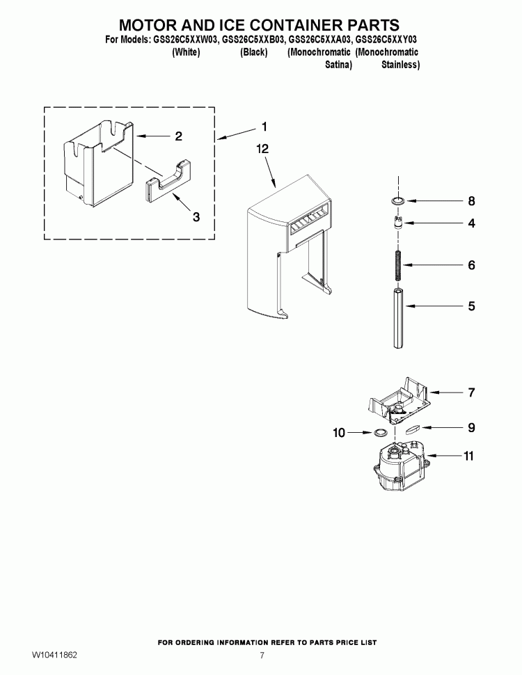 MOTOR AND ICE CONTAINER PARTS Diagram and Parts List for GSS26C5XXA03  Whirlpool Refrigerator