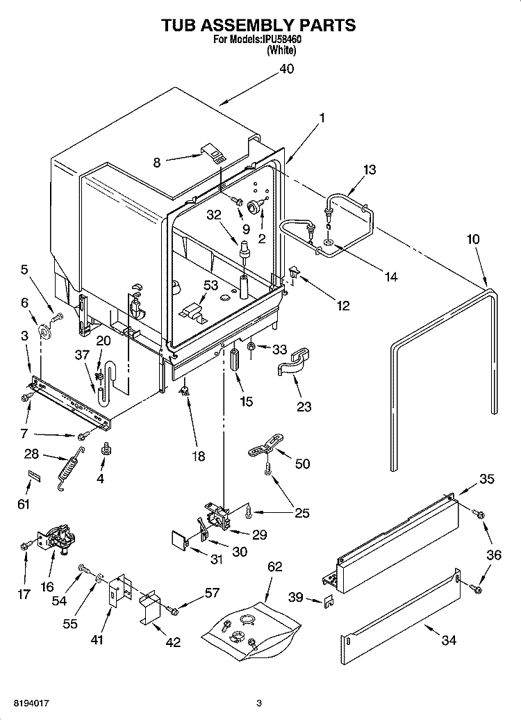 TUB ASSEMBLY PARTS Diagram and Parts List for IPU58460  Inglis Dishwasher
