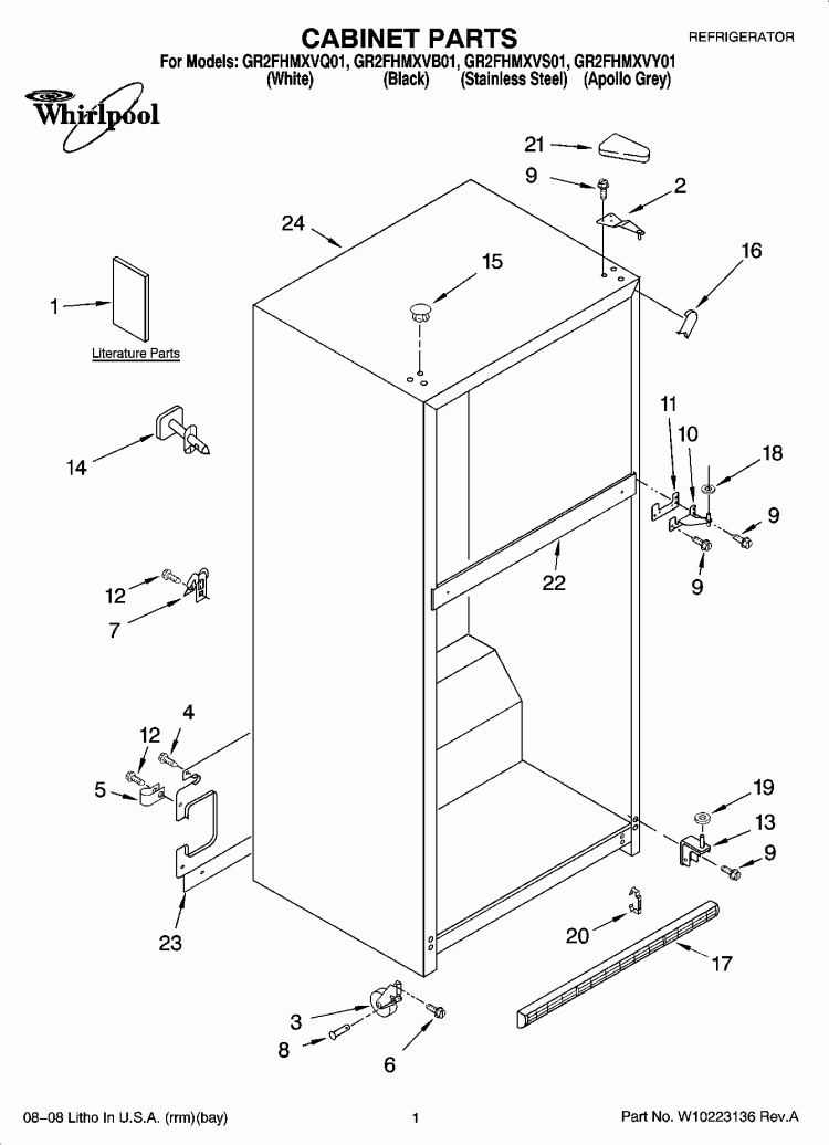 CABINET PARTS Diagram and Parts List for GR2FHMXVB01  Whirlpool Refrigerator