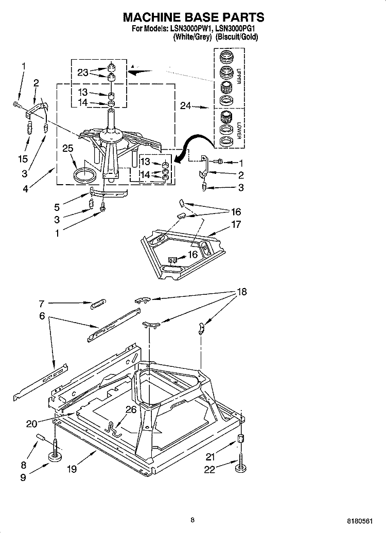 MACHINE BASE PARTS Diagram and Parts List for LSN3000PW1  Whirlpool Washer