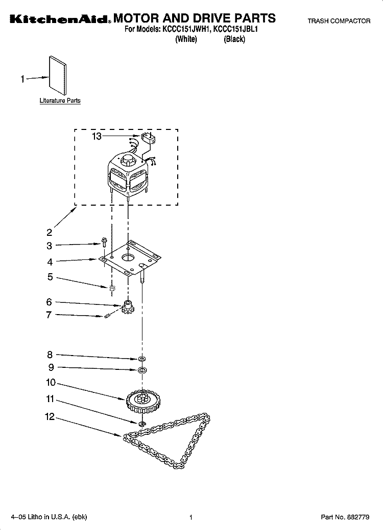 MOTOR AND DRIVE PARTS Diagram and Parts List for KCCC151JWH1  KitchenAid Trash Compactor