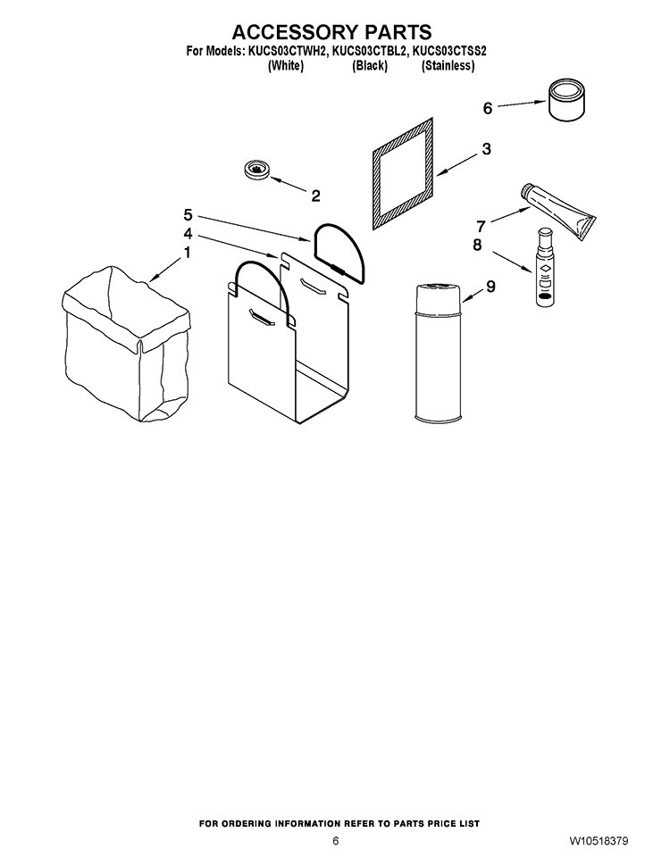 ACCESSORY PARTS Diagram and Parts List for KUCS03CTWH2  KitchenAid Trash Compactor