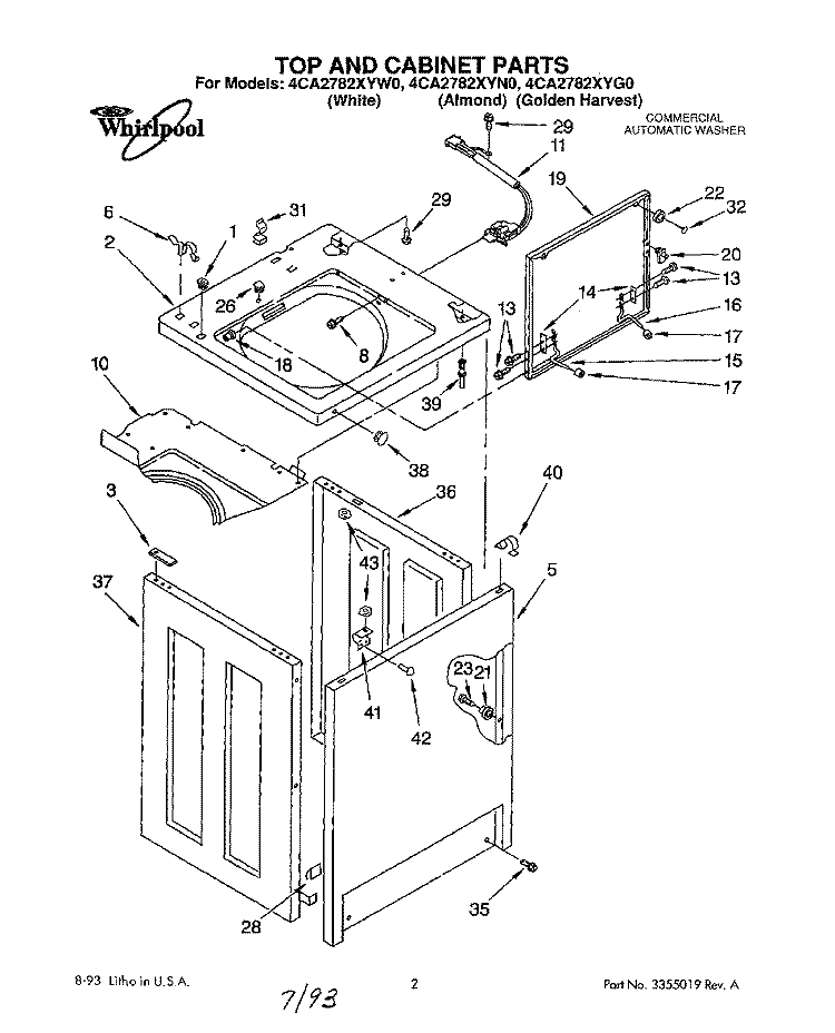 TOP AND CABINET, LIT/OPTIONAL Diagram and Parts List for 4CA2782XYG0  Whirlpool Washer