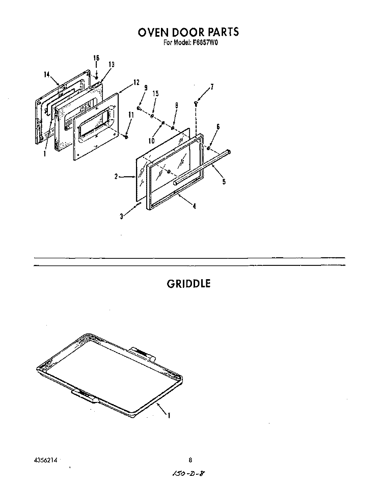 OVEN DOOR , GRIDDLE Diagram and Parts List for F6857W0  Roper Range