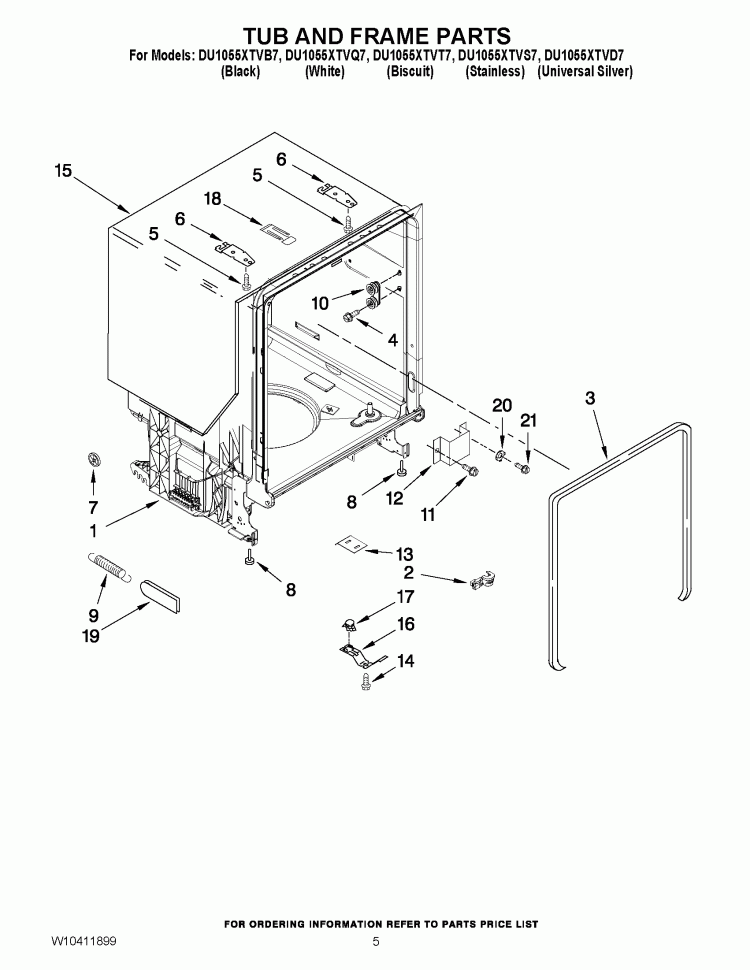 TUB AND FRAME PARTS Diagram and Parts List for DU1055XTVB7  Whirlpool Dishwasher
