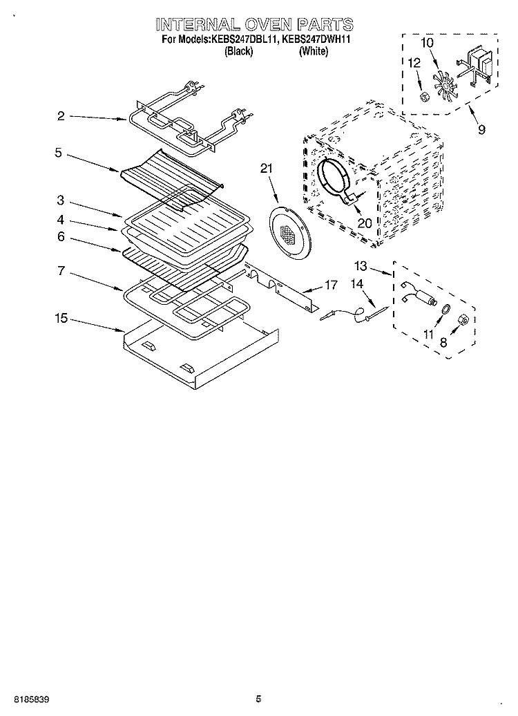 INTERNAL OVEN Diagram and Parts List for KEBS247DBL11  KitchenAid Wall Oven