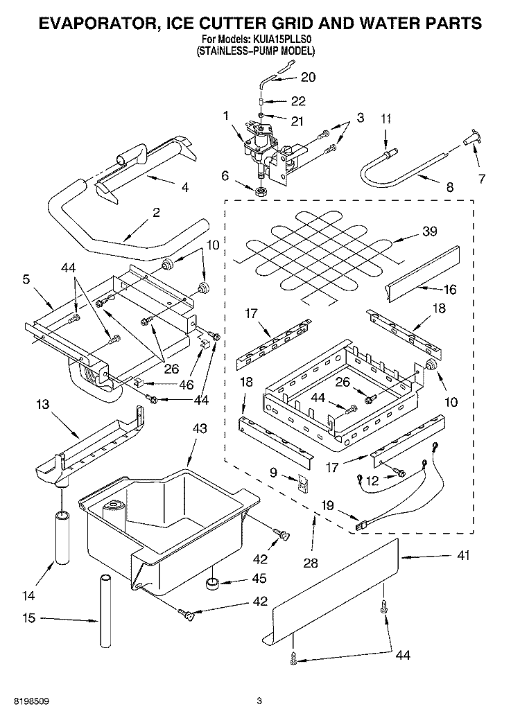 EVAPORATOR ICE CUTTER GRID AND WATER PARTS Diagram and Parts List for KUIA15PLLS0  KitchenAid Ice Maker