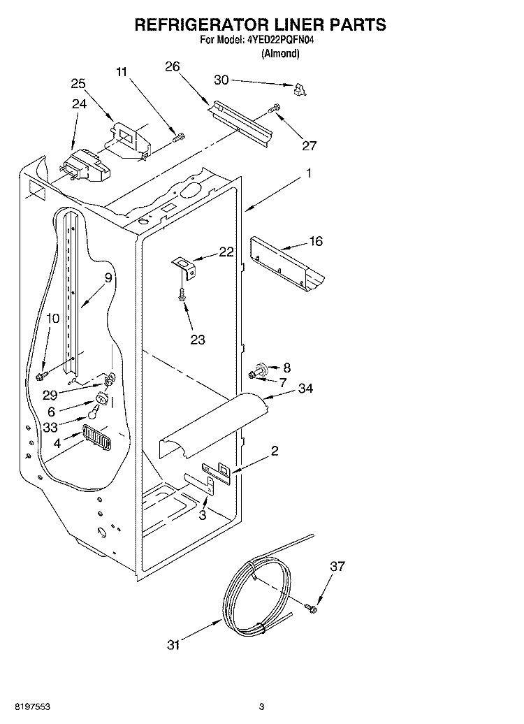 REFRIGERATOR LINER Diagram and Parts List for 4YED22PQFN04  Whirlpool Refrigerator