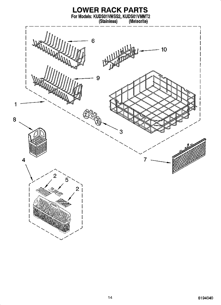 LOWER RACK PARTS, OPTIONAL PARTS (NOT INCLUDED) Diagram and Parts List for KUDS01VMMT2  KitchenAid Dishwasher