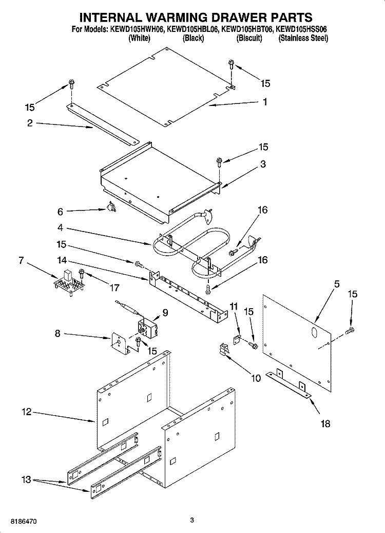 INTERNAL WARMING DRAWER PARTS Diagram and Parts List for KEWD105HBT06  KitchenAid Warming Drawer