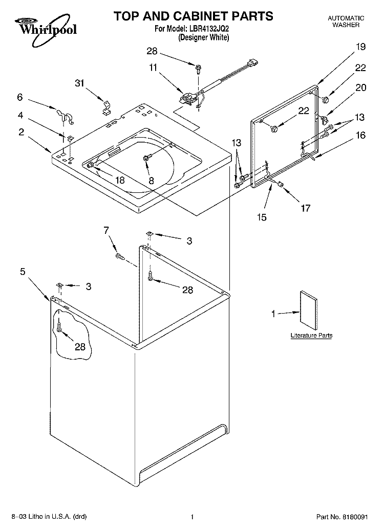 TOP AND CABINET PARTS Diagram and Parts List for LBR4132JQ2  Whirlpool Washer