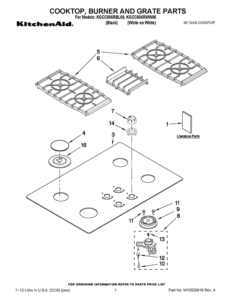 COOKTOP, BURNER AND GRATE PARTS Diagram and Parts List for KGCC506RBL05  KitchenAid Cooktop