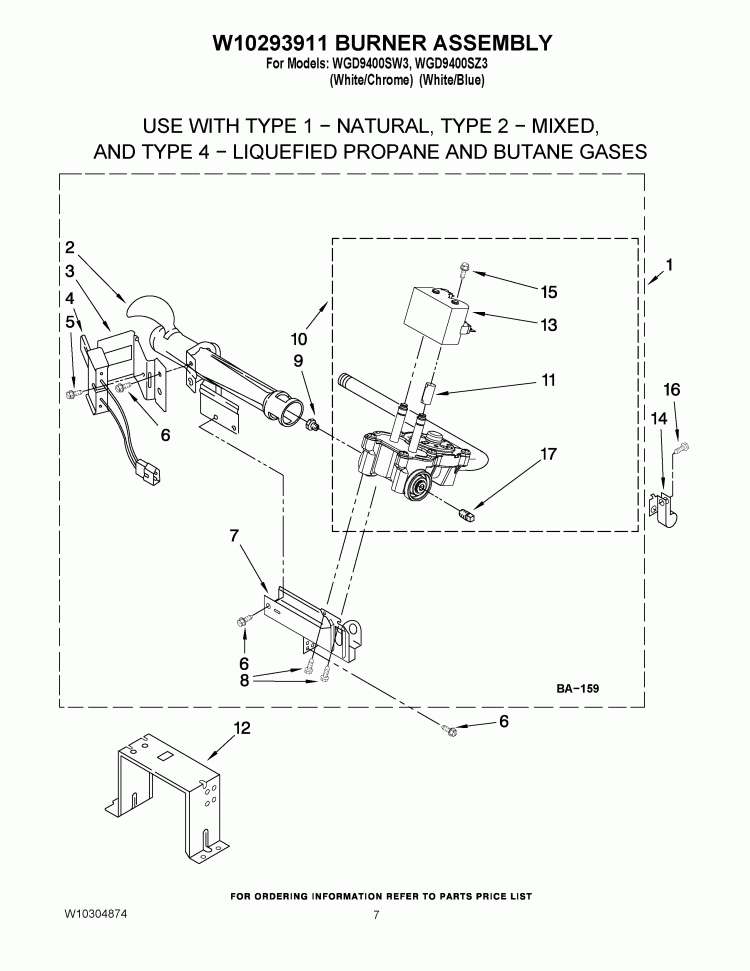 W10293911 BURNER ASSEMBLY Diagram and Parts List for WGD9400SW3  Whirlpool Dryer