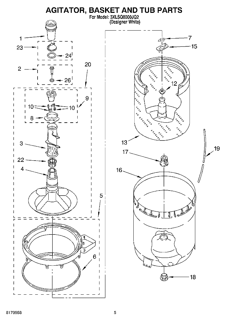 AGITATOR, BASKET AND TUB PARTS Diagram and Parts List for 3XLSQ8000JQ2  Whirlpool Washer