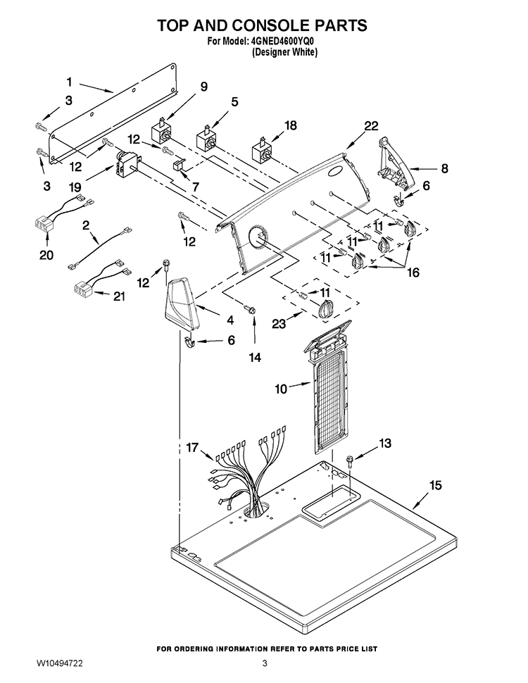 TOP AND CONSOLE PARTS Diagram and Parts List for 4GNED4600YQ0  Whirlpool Dryer