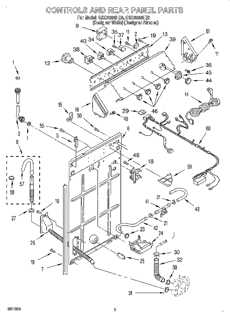 CONTROLS AND REAR PANEL Diagram and Parts List for GSQ9364HZ0  Whirlpool Washer