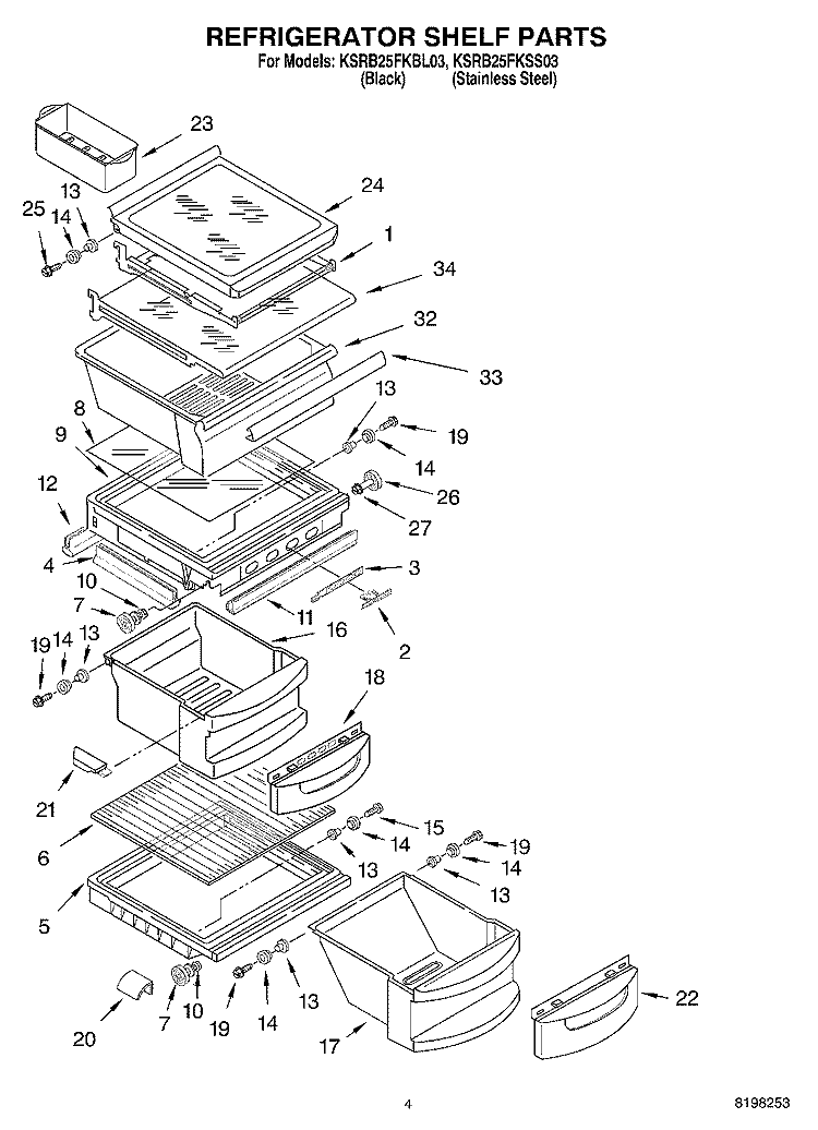 REFRIGERATOR SHELF PARTS Diagram and Parts List for KSRB25FKSS03  KitchenAid Refrigerator