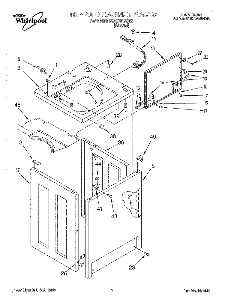 TOP AND CABINET Diagram and Parts List for 9CA2781XSN2  Whirlpool Washer