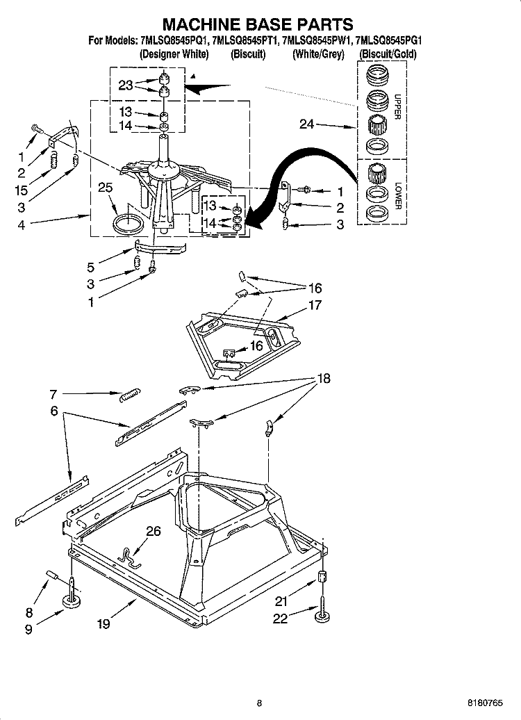 MACHINE BASE PARTS Diagram and Parts List for 7MLSQ8545PQ1  Whirlpool Washer