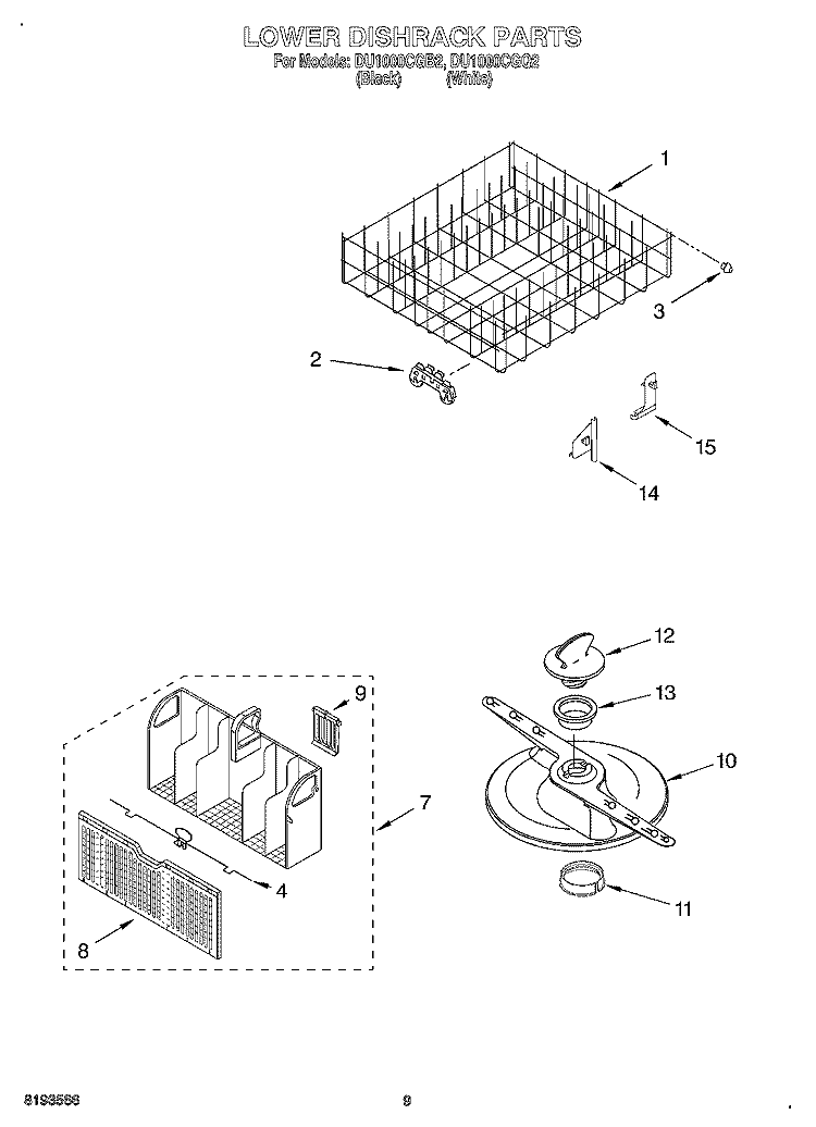 LOWER DISHRACK Diagram and Parts List for DU1000CGB2  Whirlpool Dishwasher