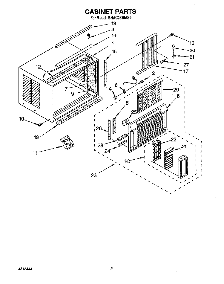 CABINET Diagram and Parts List for BHAC0830AS0  Whirlpool Air Conditioner