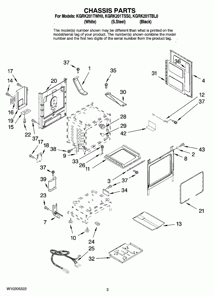 CHASSIS PARTS Diagram and Parts List for KGRK201TBL0  KitchenAid Range