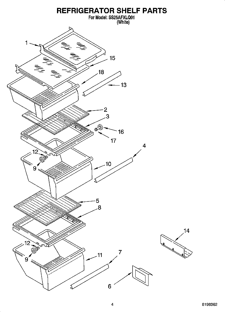 REFRIGERATOR SHELF PARTS Diagram and Parts List for SS25AFXLQ01  Whirlpool Refrigerator