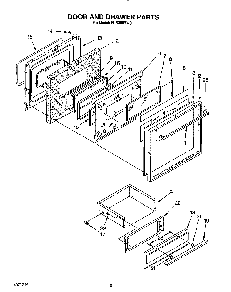 DOOR AND DRAWER Diagram and Parts List for FGS395YW0  Roper Range