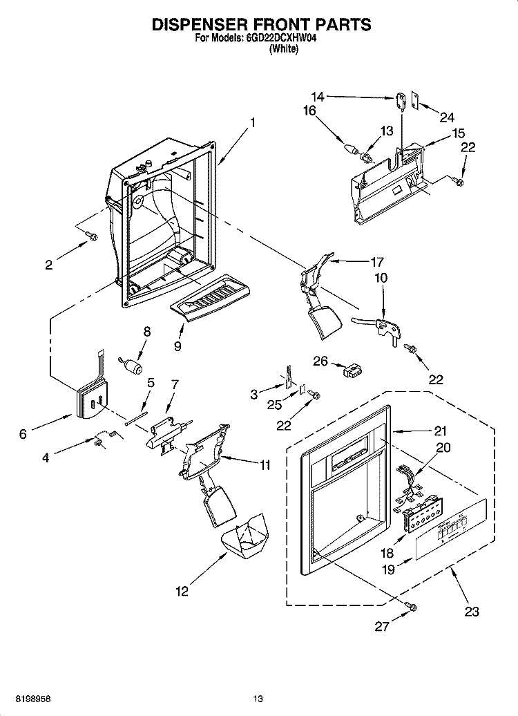 DISPENSER FRONT PARTS Diagram and Parts List for 6GD22DCXHW04  Whirlpool Refrigerator