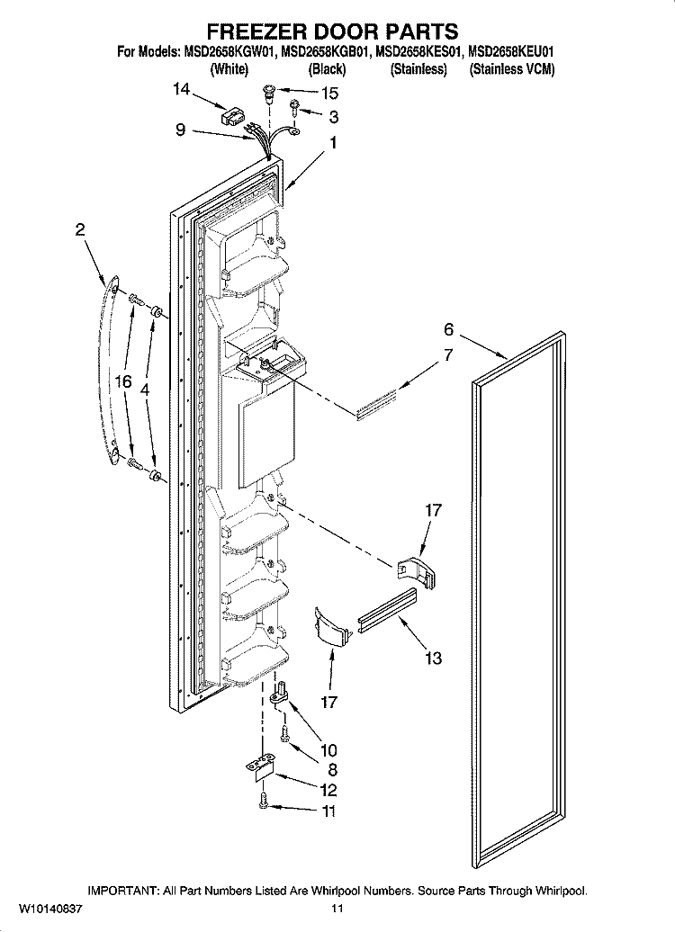 FREEZER DOOR PARTS Diagram and Parts List for MSD2658KGB01  Whirlpool Refrigerator